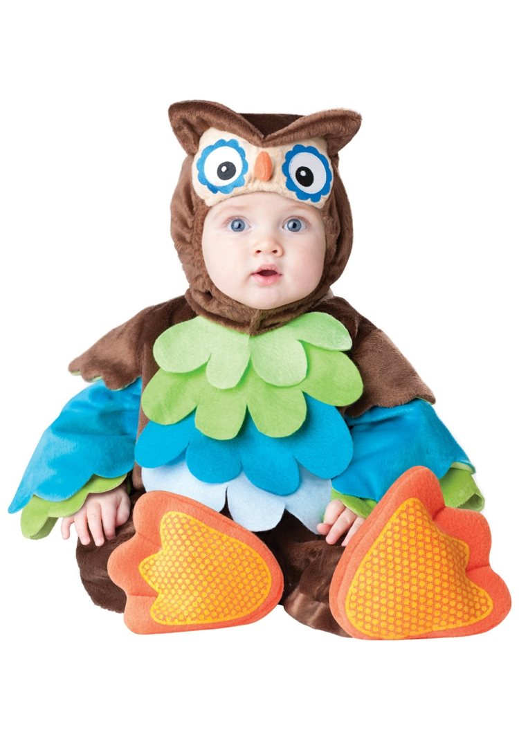 baby karneval kostymer uggla-mask-brun-grön-blå-fjäderdräkt
