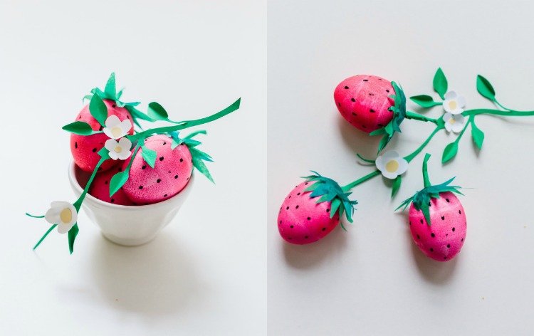 roliga påskägg-design-jordgubbar-dekorera-måla-blommor-grönt