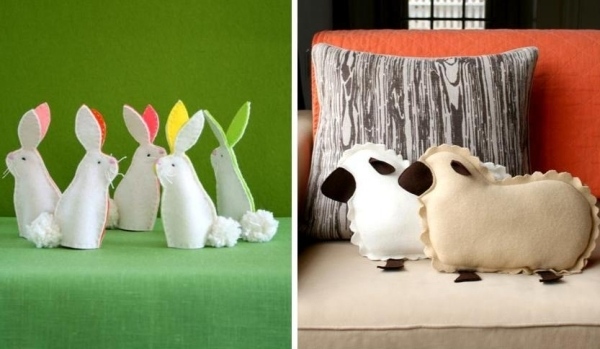 Soffa kuddar-får gjorda av filt-tinker finger dockor kaniner påsk idéer