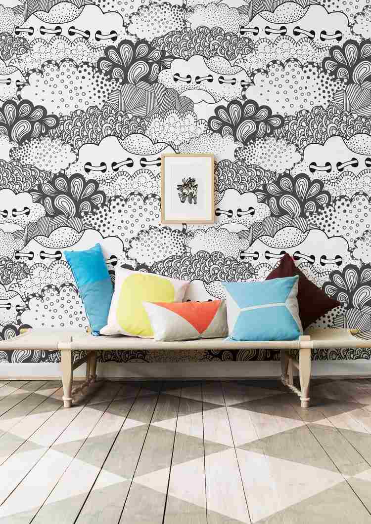 Tapeter med mönster vägg-design-idéer-svart-vit-soffa-soffa-kuddar-väggmålning
