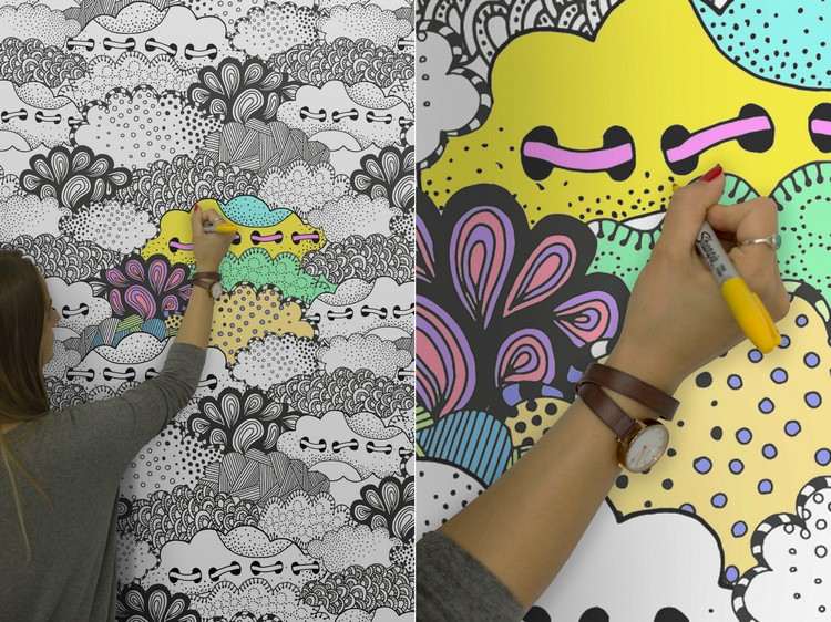 Tapet med mönster moln-färgglada-färgning-filt-tip-gul-kreativ-vägg-design