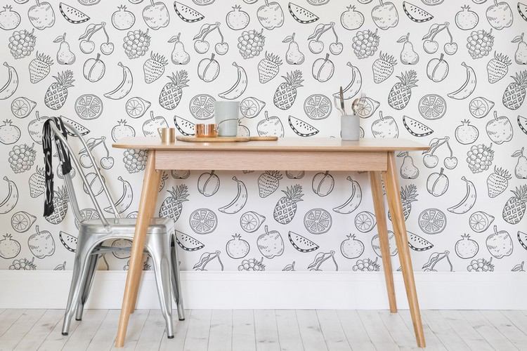 tapet-mönster-matsal-frukter-svart-vit-vägg-trä-bord-stol