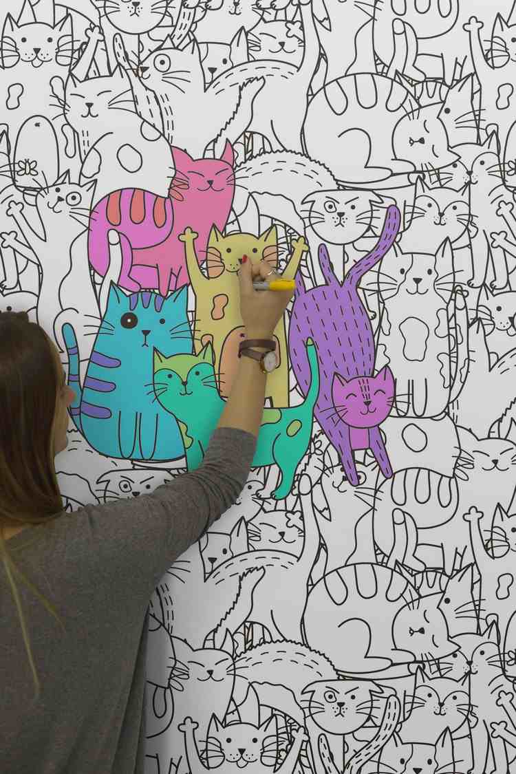 tapet-mönster-idéer-färg-barn-rum-färgglada-katter-vägg-design