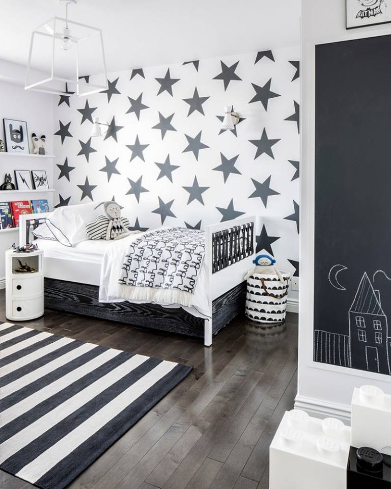 Barn tapeter-stjärna-mönster-väggdekoration-barnrum-pojke-ränder-matta-svart-vit