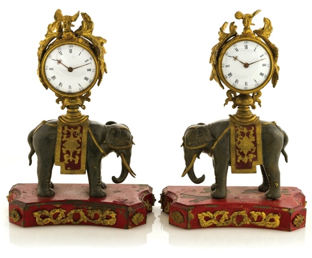 Par kinesiska-antika klockor design bronsröd baslackade elefanter auktion-geneva