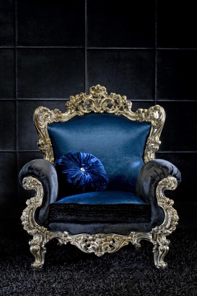 Rokoko fåtölj Alexander prydnader indigo blå klädsel ram silver exedra