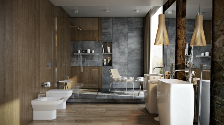 badrum lyxig marmor trä design hängande toalett