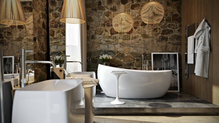 lyxiga badrum sten vägg rustika stil lampor