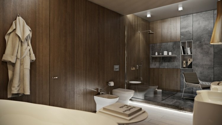 lyxigt badrum väggbeklädnad trä dusch toalett badrock