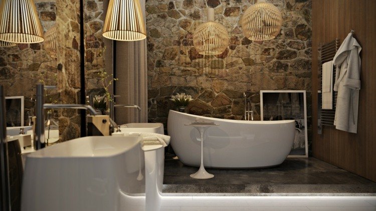 badrum lyx vägg design idé sten piedestal badkar