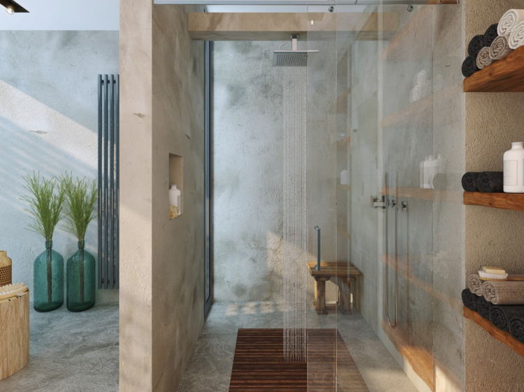 lyxigt badrum öppet duschglasdörrhylla