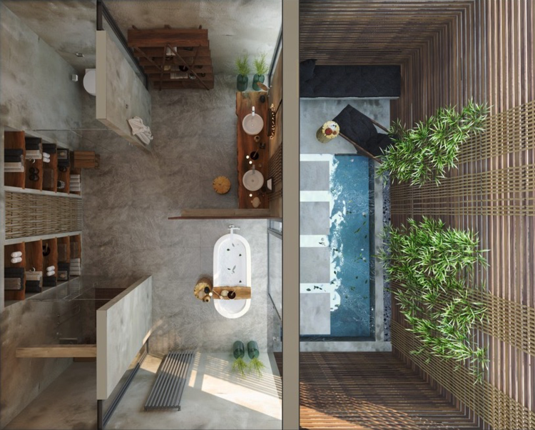 badrum lyxig planlösning 3d dusch bambu exotisk