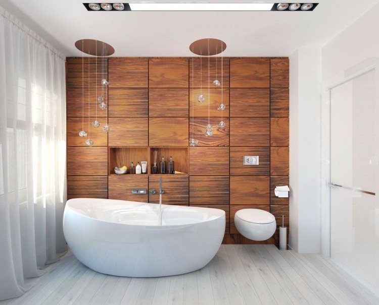lyxigt badrum organisk form badkar träpanelvägg