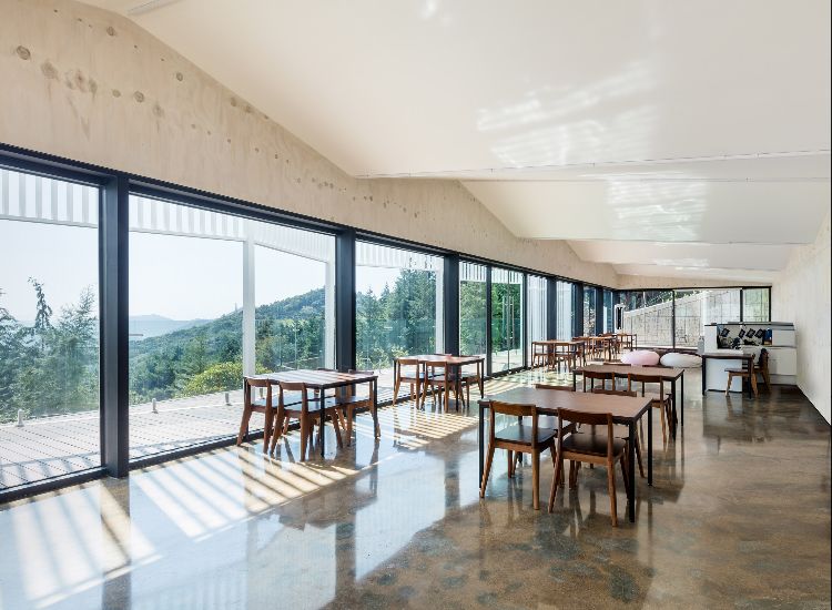 lyxcamping glamping sydkorea arkitektur skog design resort resort restaurang interiör