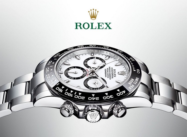 rolex lyxig klocka i rostfritt stål sportigt fodral kronograf klocka svart och vitt