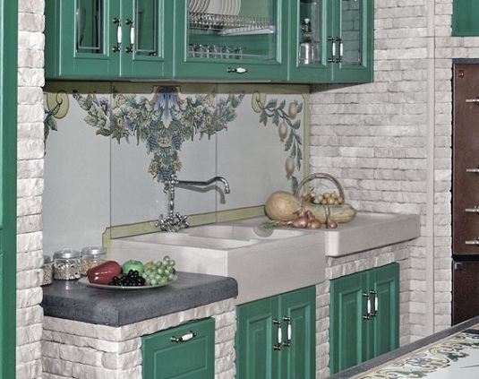 ljus-tegel-väggar-pastell gröna-skåp-dörrar-kök-design