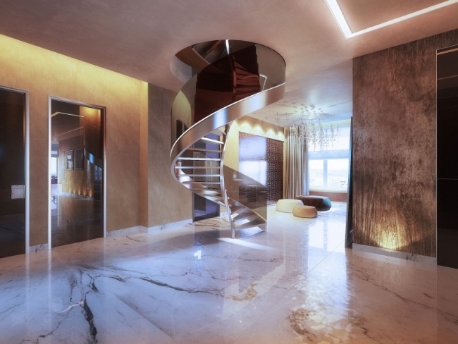 Spiraltrappa metallräcke design-takvåning-lyxig inredning Moskva