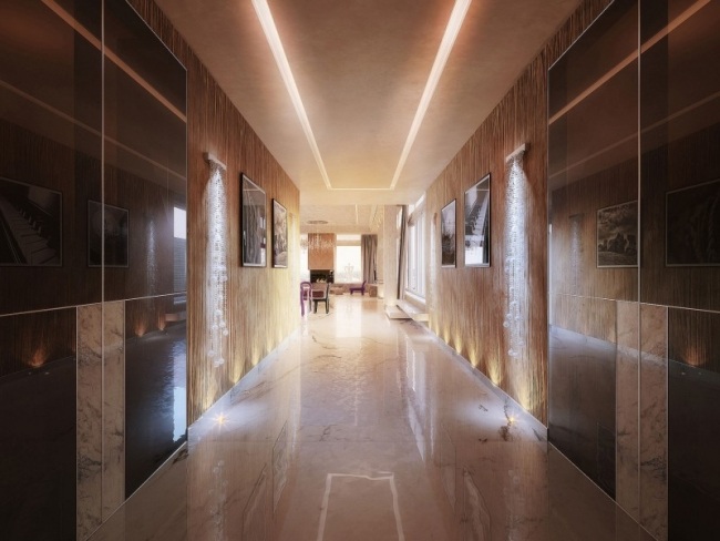 Korridor-rum design-ljus 3d visualisering takvåning