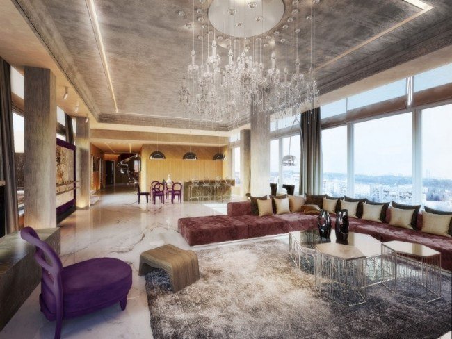 Loft lägenhet takvåning panoramautsikt lyxiga möbler belysning marmor