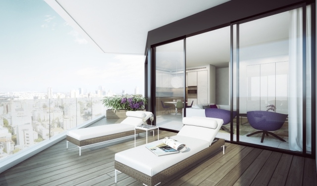 Tel-Aviv-penthouse-lägenhet-utsikt terrass-trädäck-solstolar-3d-visualiserade