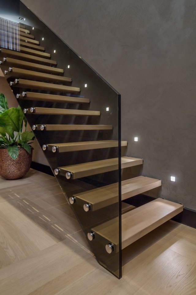 Cantilever trappdesign trä trappor-glas trappa räcken belysning-lysdioder