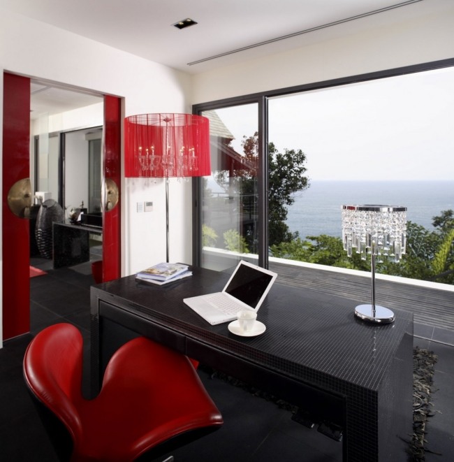 Design skåp kontorsmöbler rött svart och vitt hemmakontor moderna trender havsutsikt