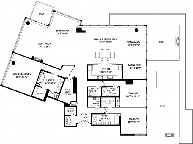 arkitektonisk planlösning lyxlägenhet med modern inredning