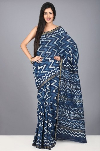 Μπλε Tussar Silk Maheshwari Sari με εκτύπωση μπλοκ χεριών