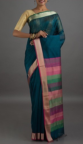 Tummansininen Maheshwari Cotton Silk Saree