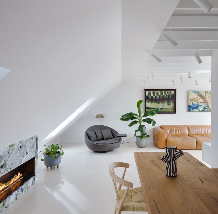 duplex galleri lägenhet med snett tak lägenhet moderna designmöbler eldstad fåtölj prestationer träbord plantering
