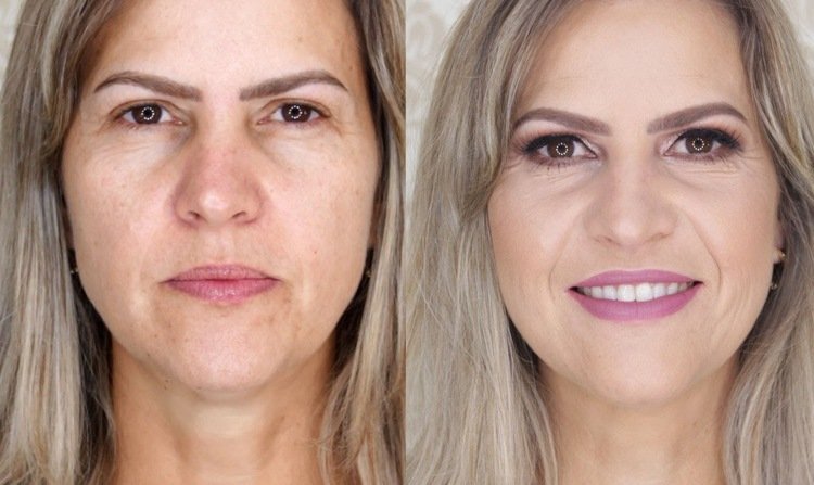 kvinnor över 50 sminkar sig ordentligt på hängande ögonlock, bruna ögon