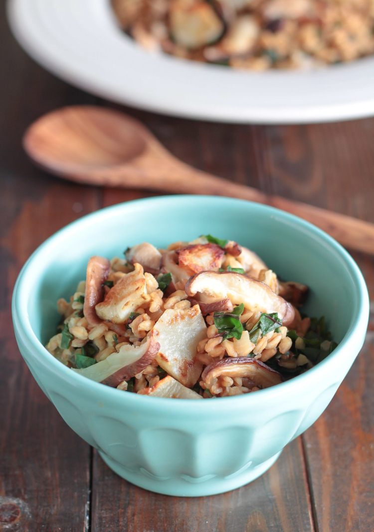 spelt risotto vegan päron mangold recept svamp
