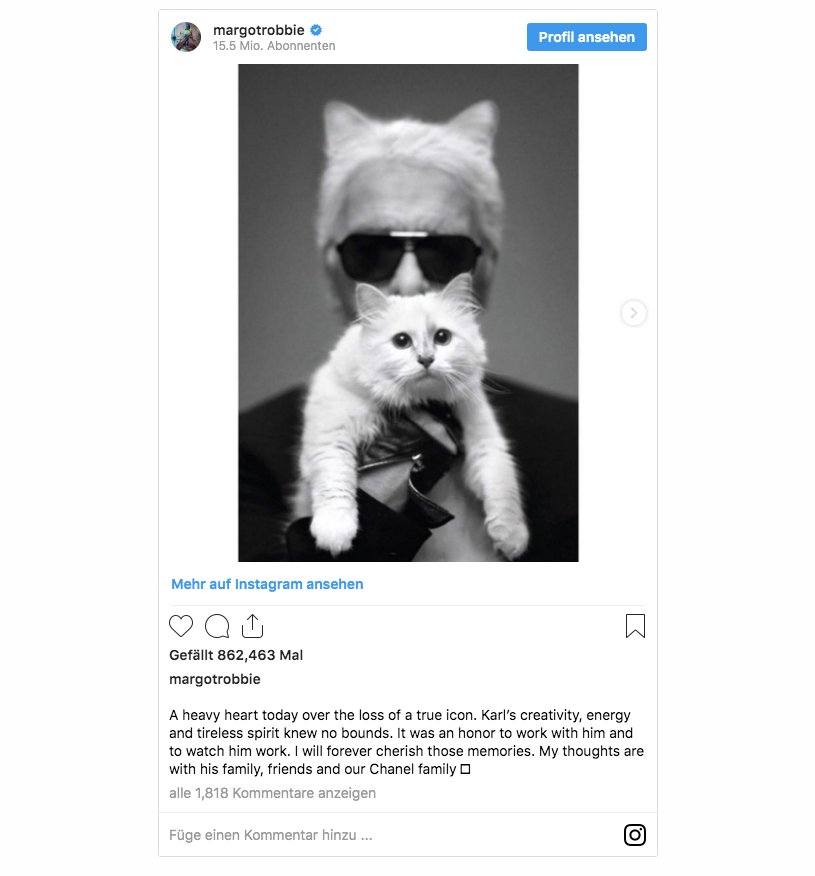 Margot Robbie Instagram -inlägg för att hedra Karl Lagerfeld