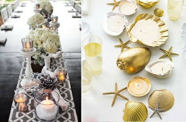 Musselskal bord dekorera sjöstjärnor