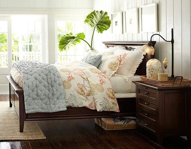 maritim dekoration sovrum sängkläder mönster snäckskal
