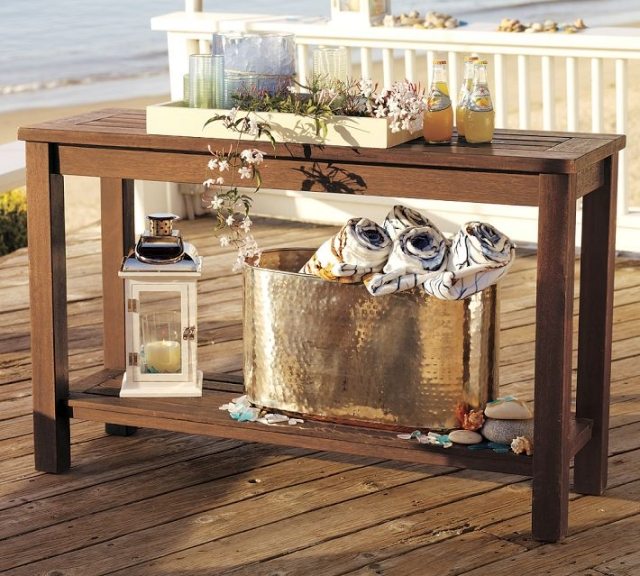 Poolterrass terrass trä deco-utomhus sidobord-trä idéer vindljus-lyktor