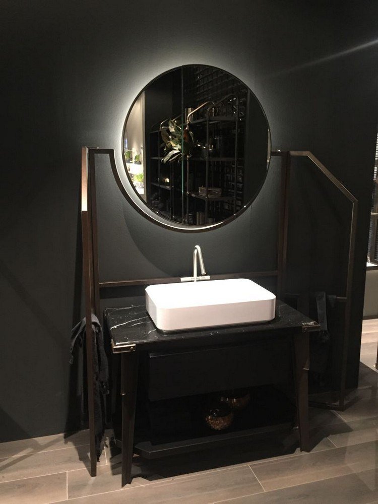 svart badrum marmor fåfänga vit handfat rund spegel
