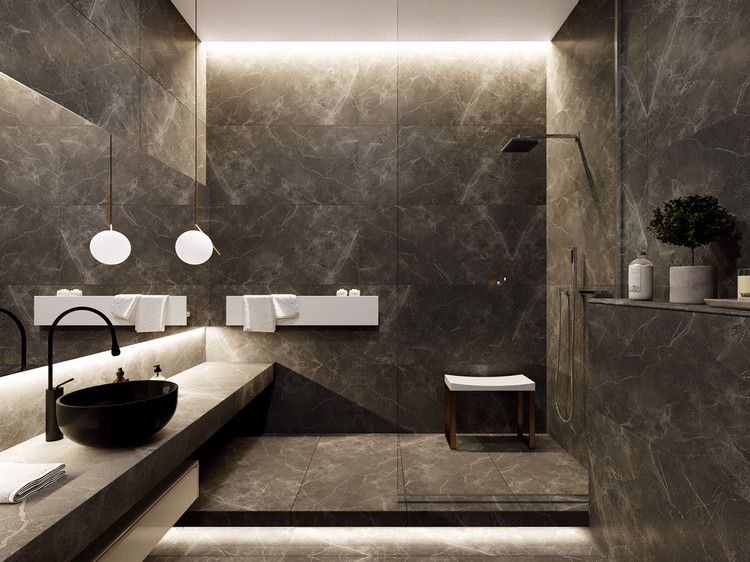 Marmor badrum modern design svart indirekt belysning