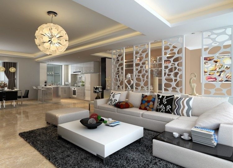 Marmorgolv hemma -vitt-vardagsrum-hörnsoffa-läder-lampa-modern-design