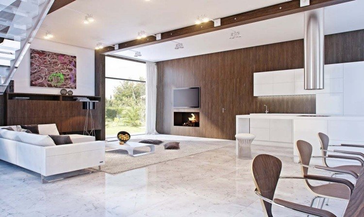 Marmorgolv i hemmet-vardagsrum-vitt-brunt-trä-soffbord-spis-öppen-tv