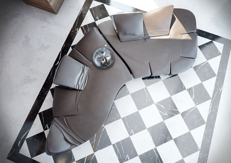 marmor-golv-hemma-se-upp-schack-mönster-soffa-design-form-ekologisk-läder-modern