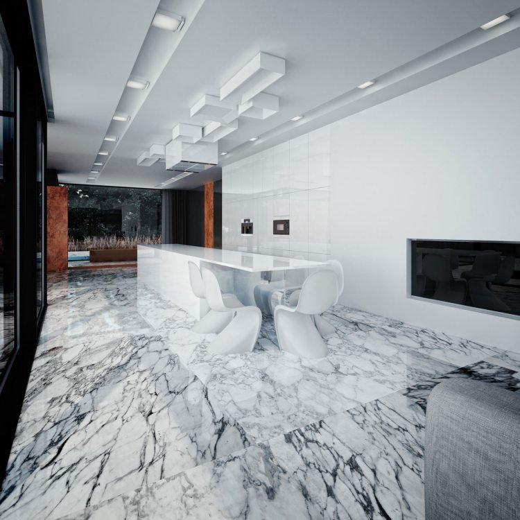 marmorgolv-hemma-kök-modern-svart-vit-panton-stol-minimalistisk-design