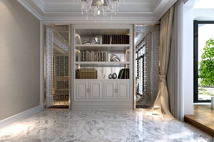 marmorgolv-hemma-svart-vit-ga-grov-modern-klassisk-vägg-hylla-spegel-gardiner