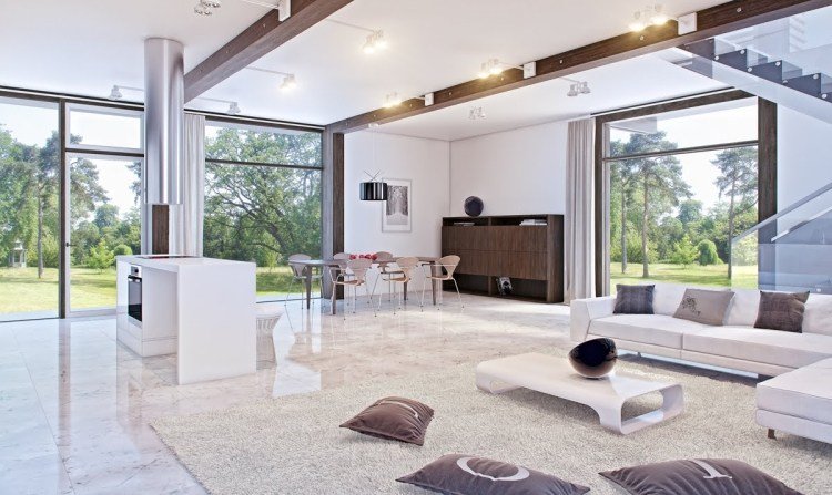 Marmorgolv hemma -vitt-vardagsrum-matbord-hörn soffa-öppet-modern-arkitektur-insida