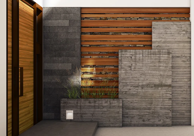 modern och snygg väggstakkombination av betongträ och natursten för innergård