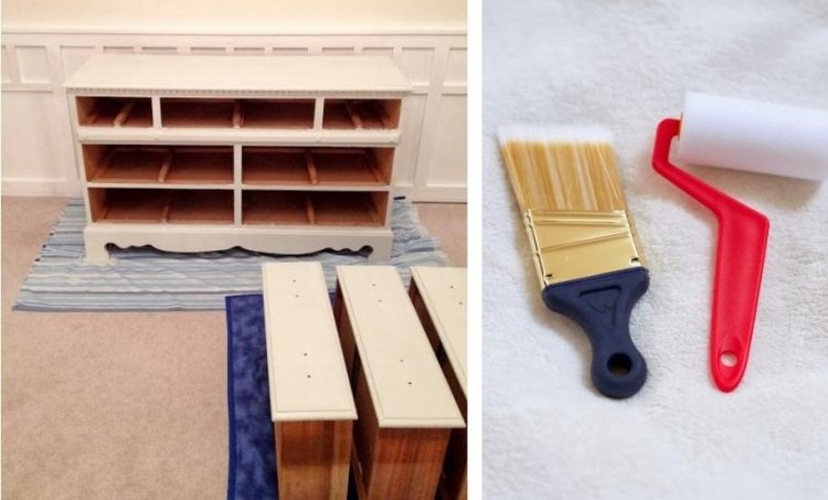 Renovering av möbler -verktyg-pensel-färg-rull-lådor-isär