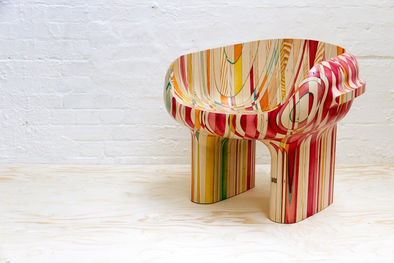 Möbler-plywood-stol-röd-ränder-orange-gul