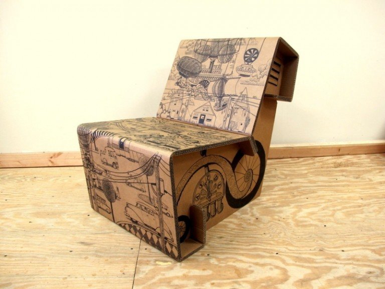 Möbler gjorda av kartong-fåtöljer-täckta med bilar