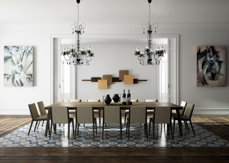 möbler matsal bord stolar ljuskrona vägg konst plattor