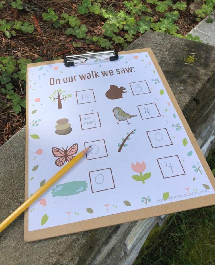 Gå en promenad och spela räkningar - räkna föremål och djur du har sett